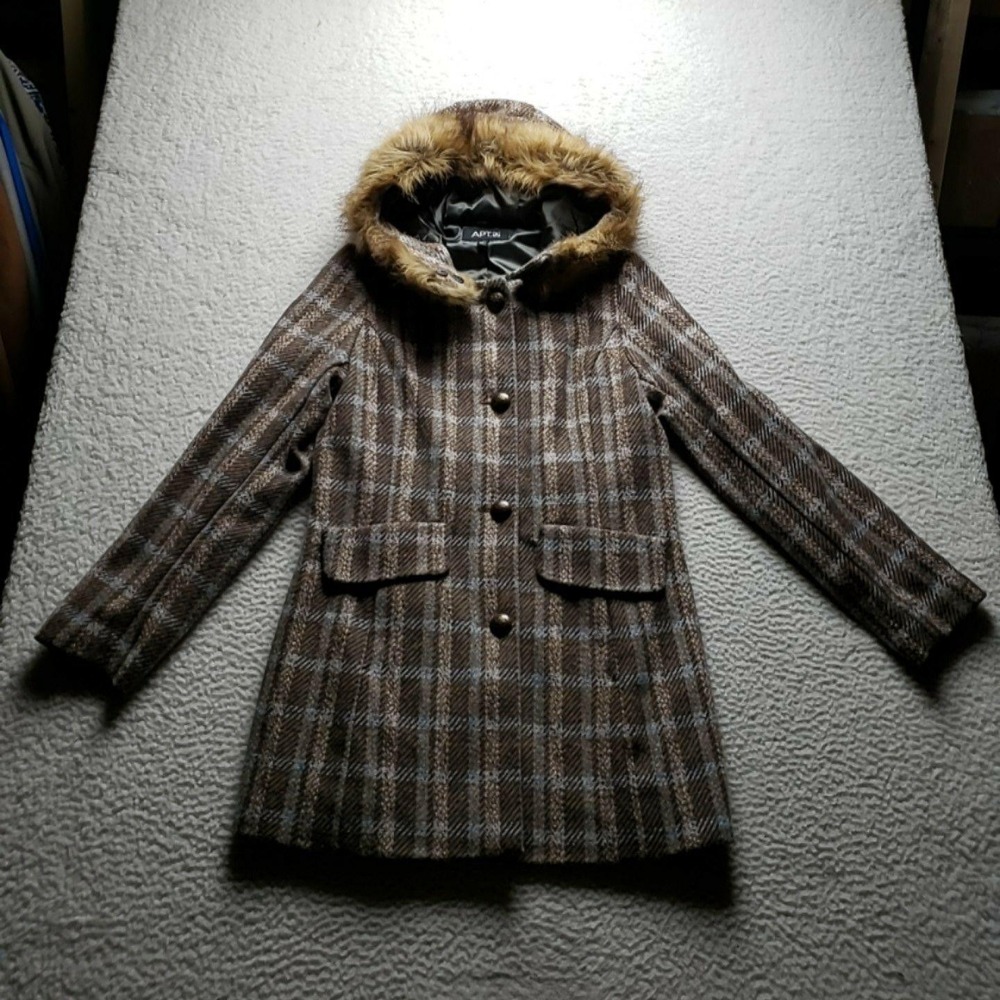 Apt. 9 Coat Womens Medium Brown Plaid Tweed Hooded Faux Fur Button Front Pockets